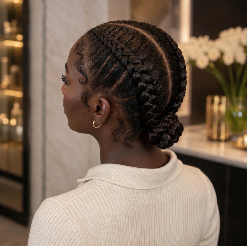 sleek 2 stitch braids on afro hair